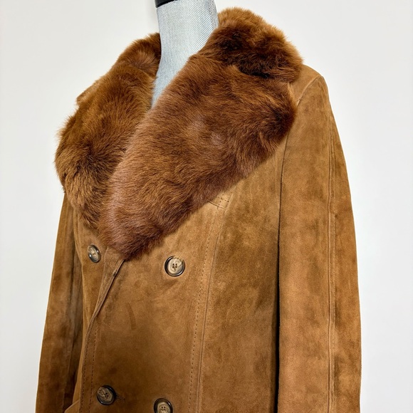 Vintage Brown Suede Trench Coat with Fur Collar Wounded Bird - Picture 3 of 10